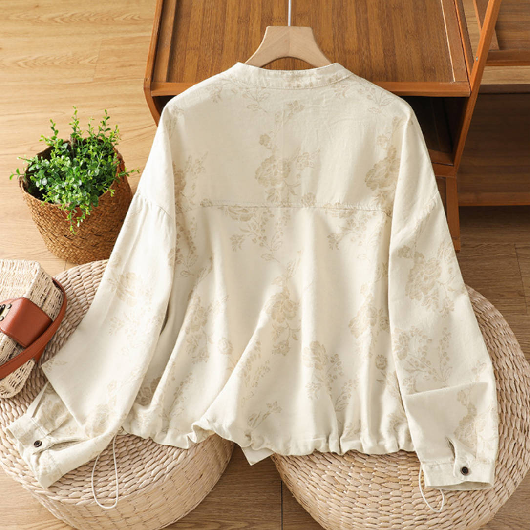 Bohemian Print Linen Shacket Stand Collar Long Sleeve Oversized Top