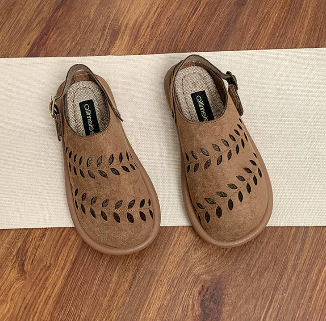 Vintage Women Leaf Hallow out Open-Back Mule Sandals Slip-On