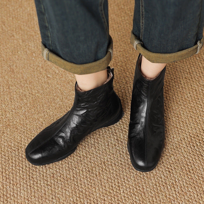 Winter Sheepskin Leather Solid Color Wool-In Soft Flat Sole Ankle Boots