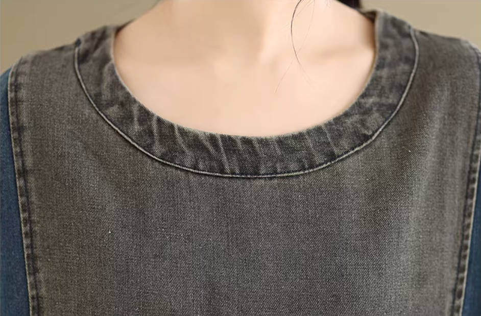 Spring Retro Denim Round Neck Patchwork Pocket Casual Loose Dress