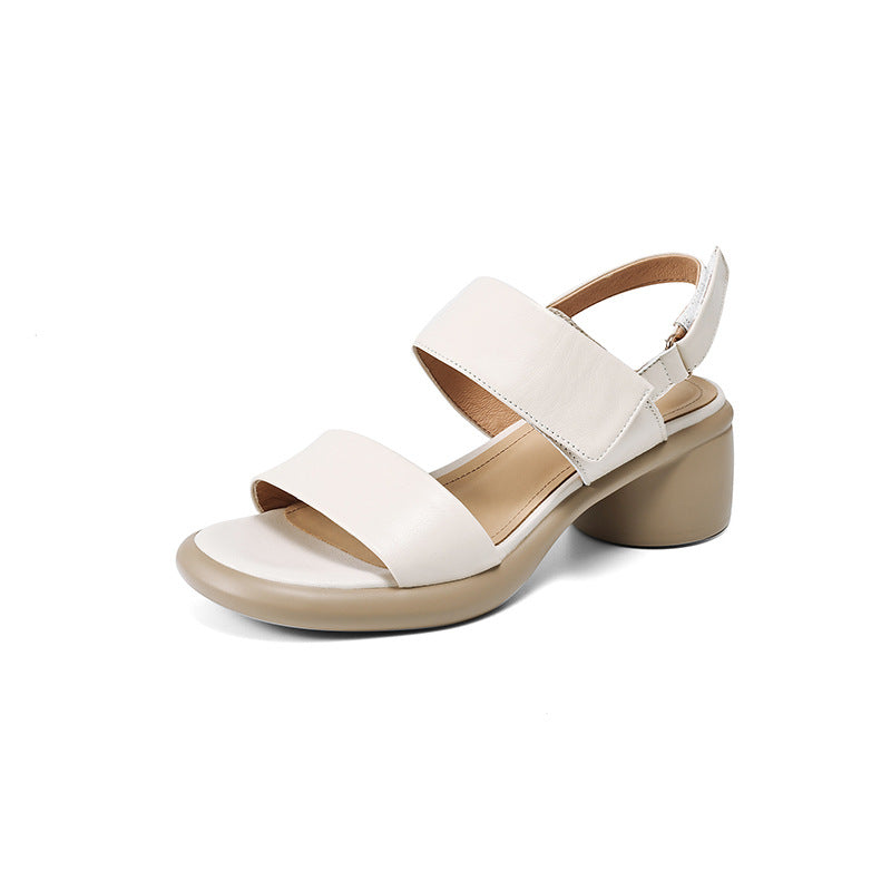 Elegant Sheepskin Leather Open Toe One Straped Velcro Chunky Sandals