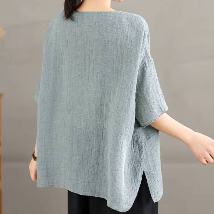 Spring Linen Round Neck Thin Half Sleeves Loose Casual Tops