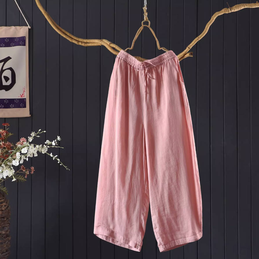 Summer Retro Ramie Think Breathable Elastic Waist Pocket Pants