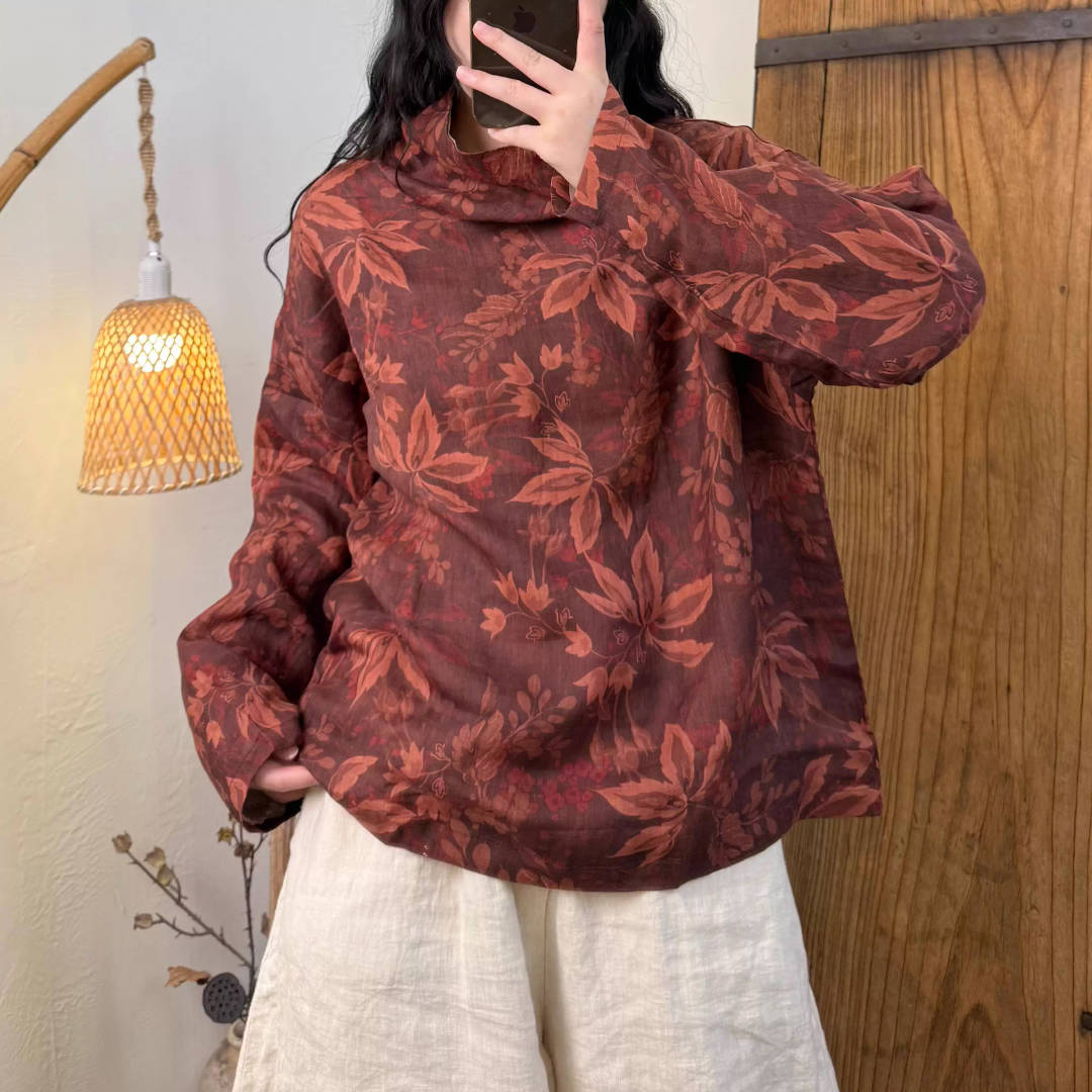 Spring Ramie Retro Casual High Neck Double-Layer Floral Tops