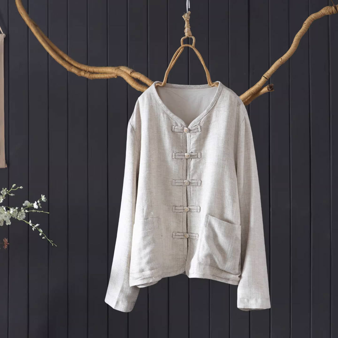 Retro Linen V-Neck Frog Button Chinese Style Loose Slim Shirt