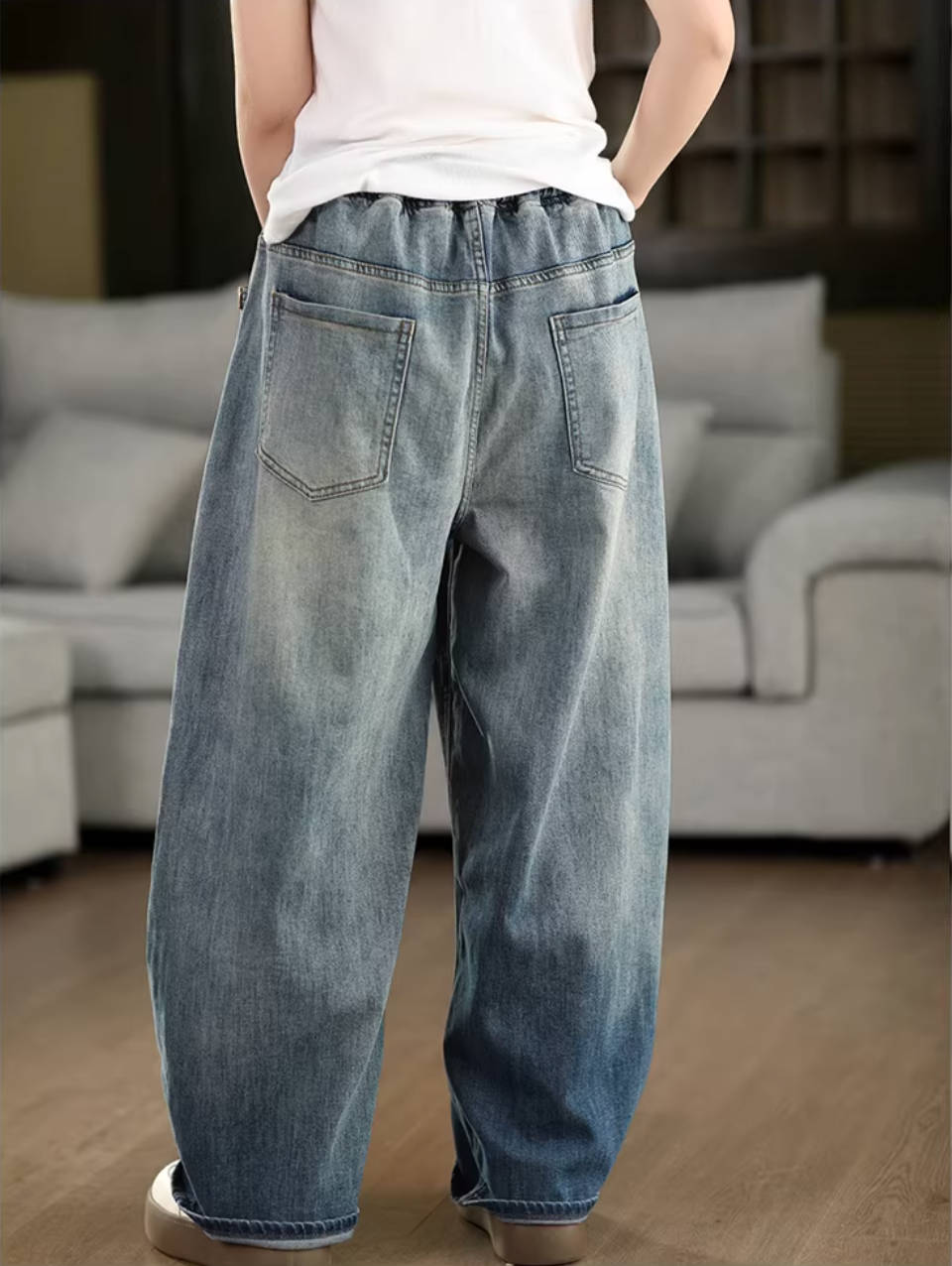 Spring Vintage Denim Classic Elastic Waist Loose Lace-Up Jeans