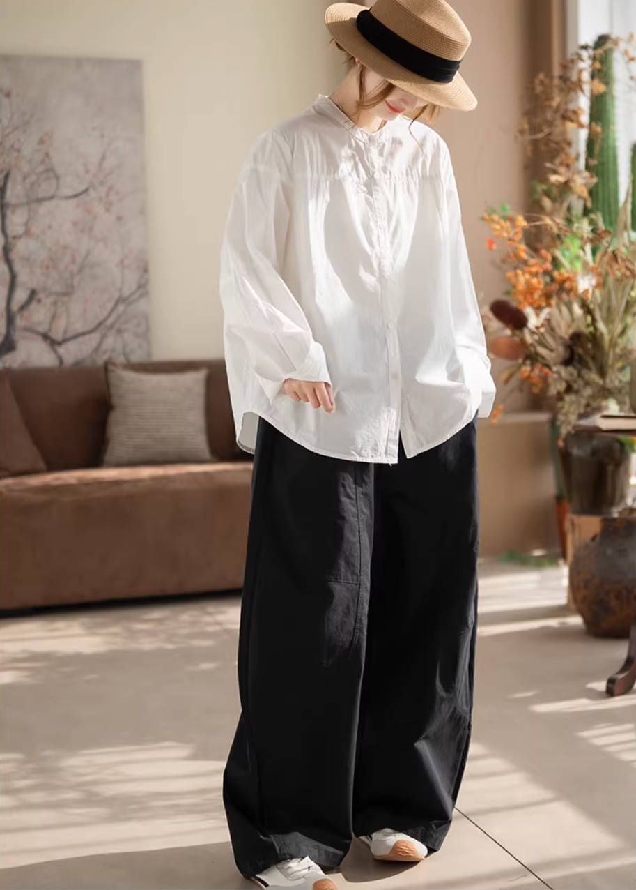 Solid Color Cotton Retro Round Neck Thin Soft Loose Casual Shirts