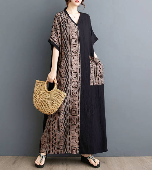 Slimming Cotton-Linen Print V-Neck Short-Sleeve Color-Block Long Top Dress