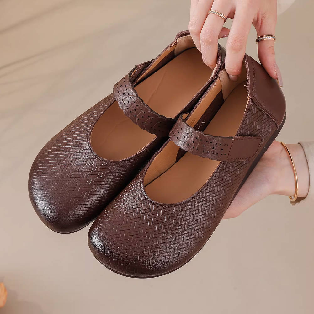 Retro Leather Woven Round Toe Comfortable One Straped Velcro Flats