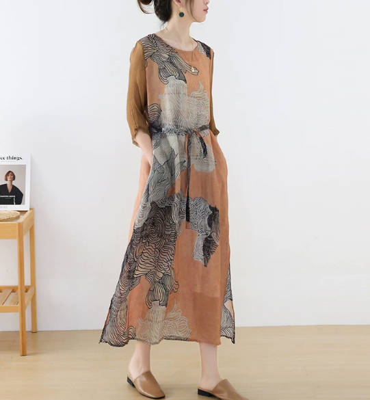 Vintage Elegant Pure Linen Ink Wash Print and Silk Splicing Dress