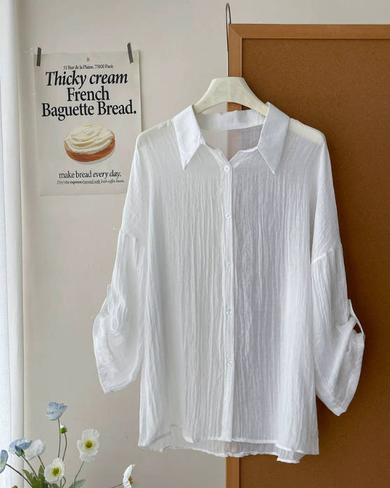 Summer Retro Linen Balloon Sleeve Vacation Style Sun Protection Blouses