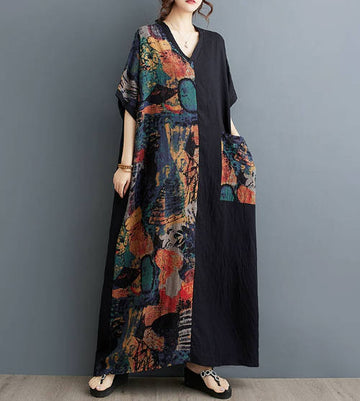 Slimming Cotton-Linen Print V-Neck Short-Sleeve Color-Block Long Top Dress