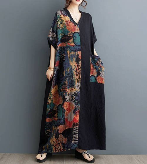 Slimming Cotton-Linen Print V-Neck Short-Sleeve Color-Block Long Top Dress