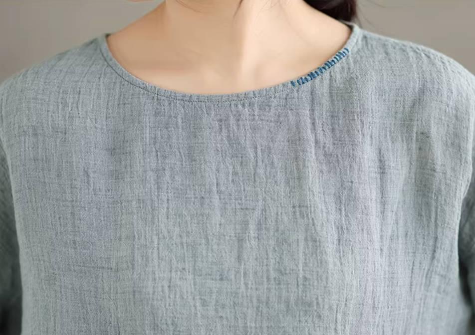 Spring Linen Round Neck Thin Half Sleeves Loose Casual Tops