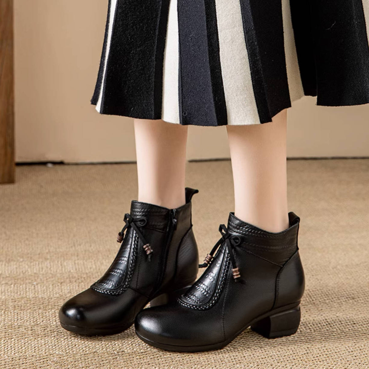 Ethnic Style Leather Chunky Heel Round Toe Side Zipper Boots