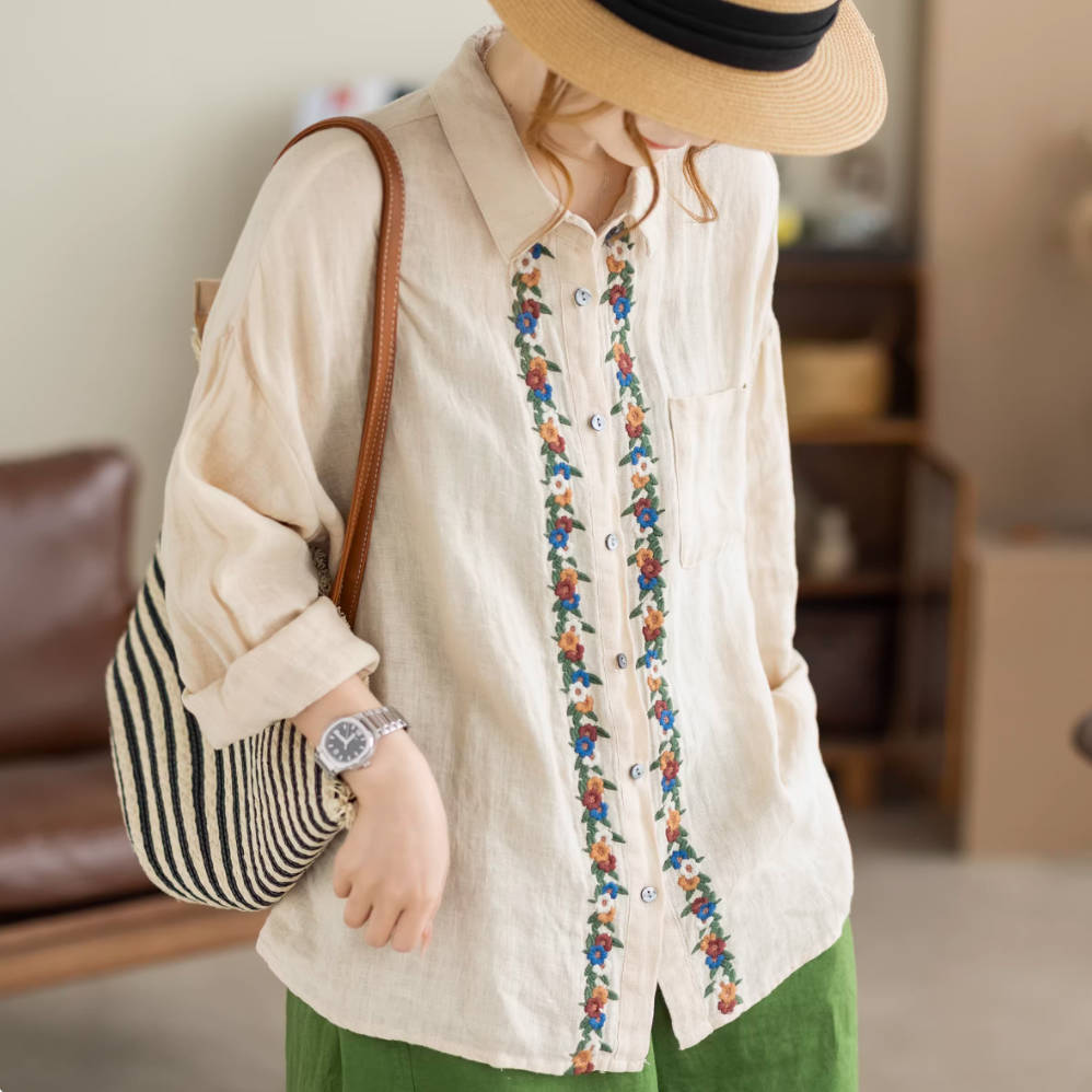 Spring Retro Linen Embroidered Thin Breathable Lapel Slim Shirt