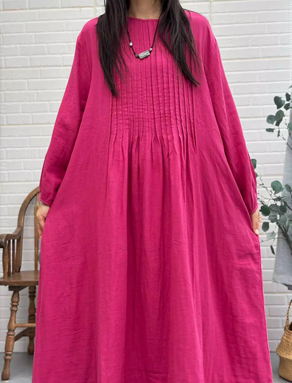 Autumn Cotton Retro Round Neck Loose A-Line Casual Dress