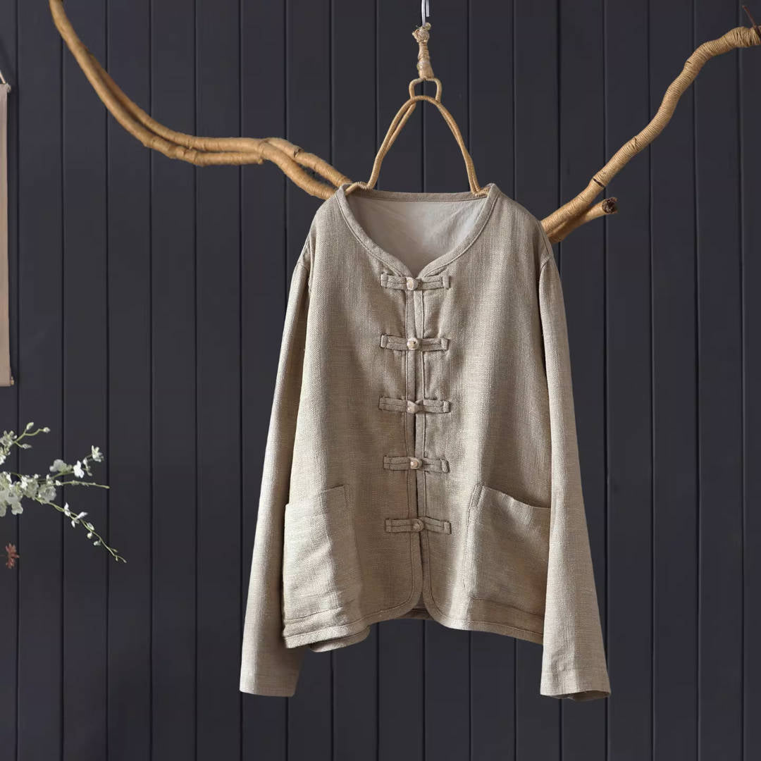 Retro Linen V-Neck Frog Button Chinese Style Loose Slim Shirt