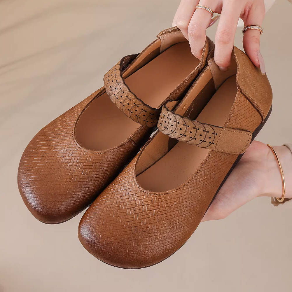 Retro Leather Woven Round Toe Comfortable One Straped Velcro Flats