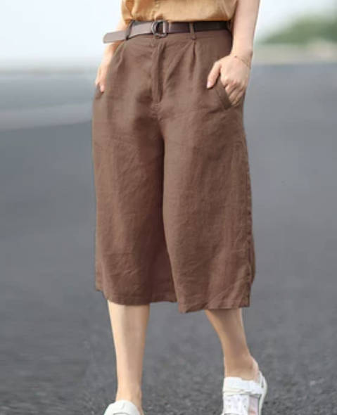 Summer Solid Color Linen Capri Casual Straight Cut Loose Pants