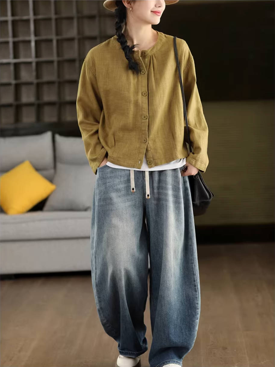 Spring Vintage Denim Classic Elastic Waist Loose Lace-Up Jeans