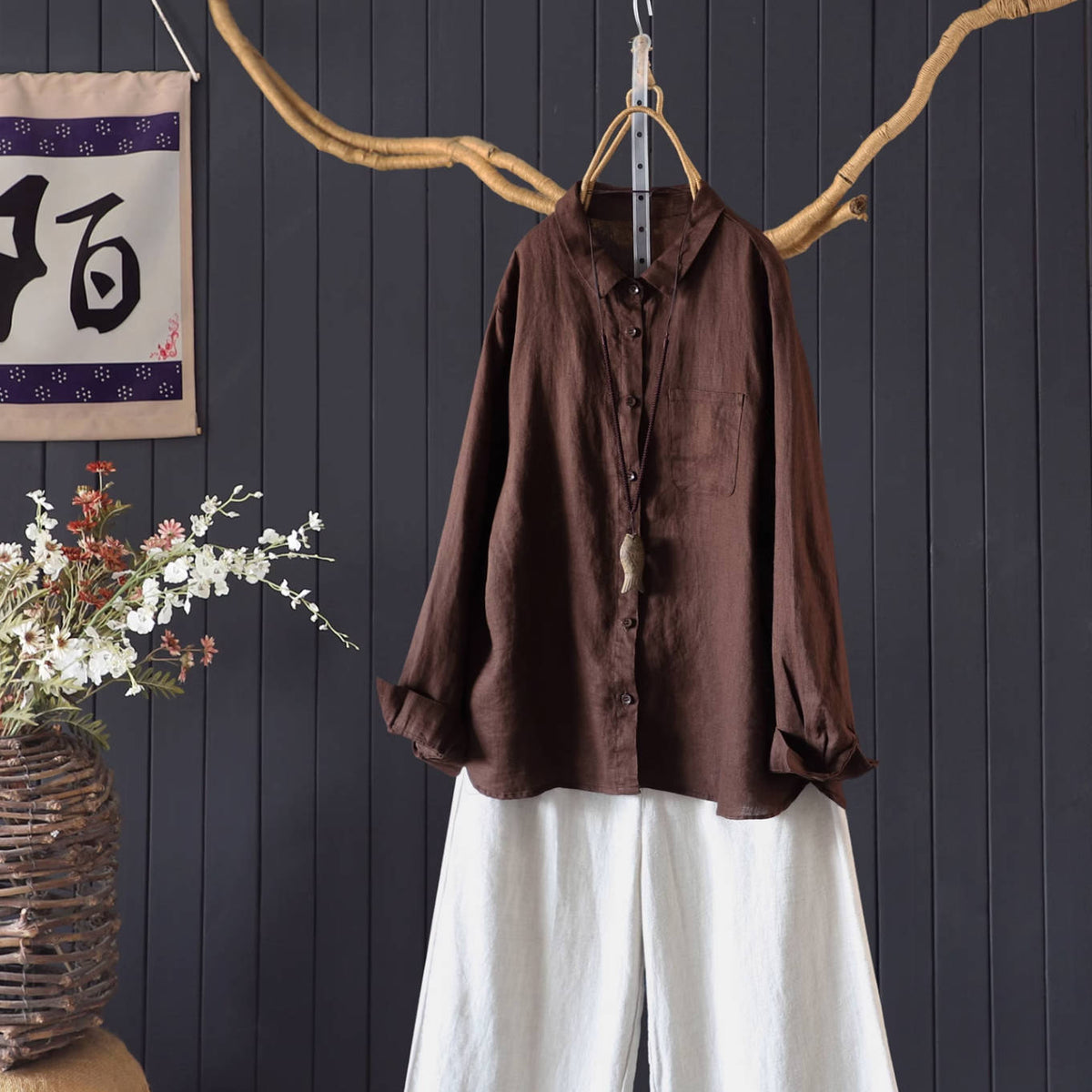 Autumn Linen Casual Singel-Breasted Loose Shirt With Pocket