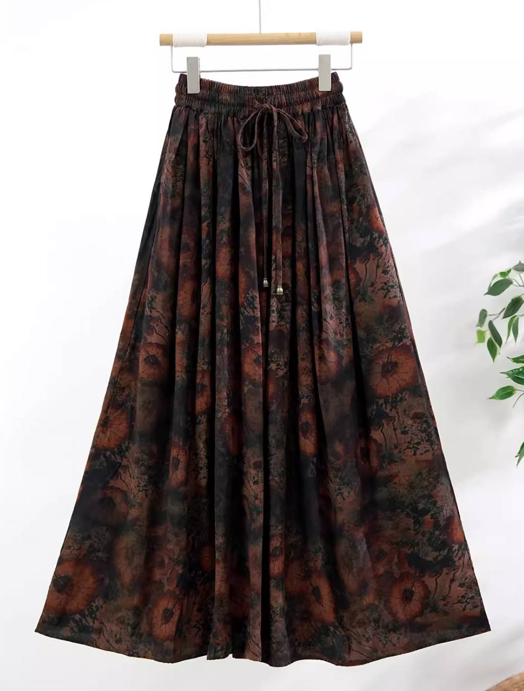 Spring Retro Cotton Linen Printed High Elastic Waist Slim A-Line Skirt