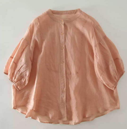 Spring Ramie Solid Color Short Sleeve Loose Fit Stand Collar Shirt