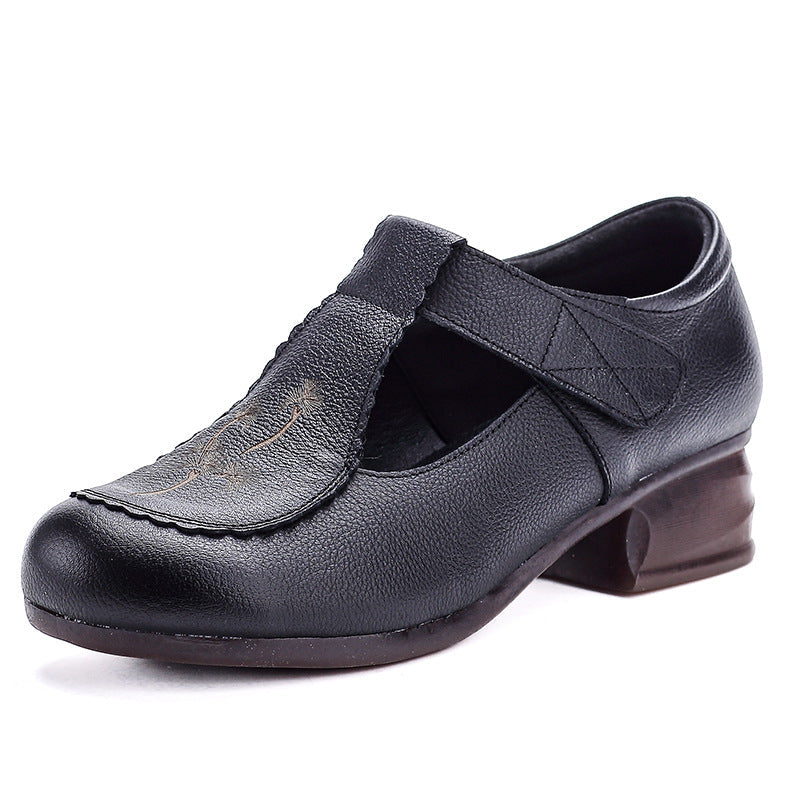 Genuine Leather Round Toe Floral Printed Cut Out Velcro Chunky Shoes