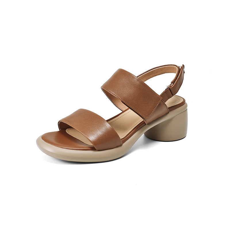 Elegant Sheepskin Leather Open Toe One Straped Velcro Chunky Sandals