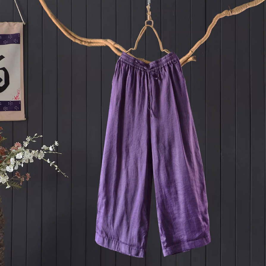 Summer Retro Ramie Think Breathable Elastic Waist Pocket Pants