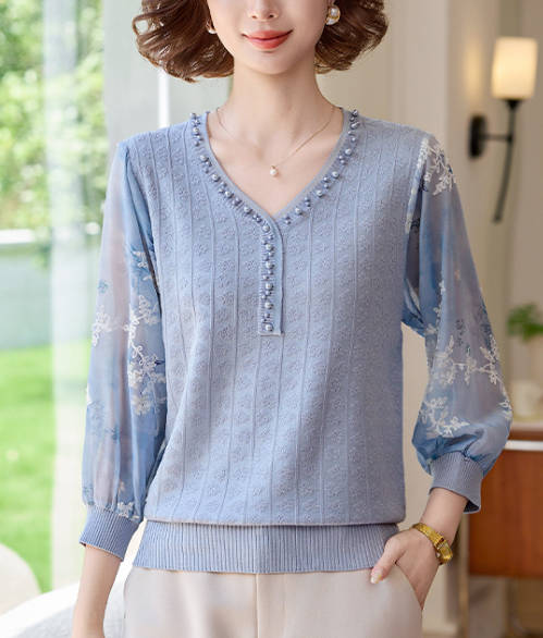 Women Autumn Loose Fit Flower Mesh Sleeves Shirt