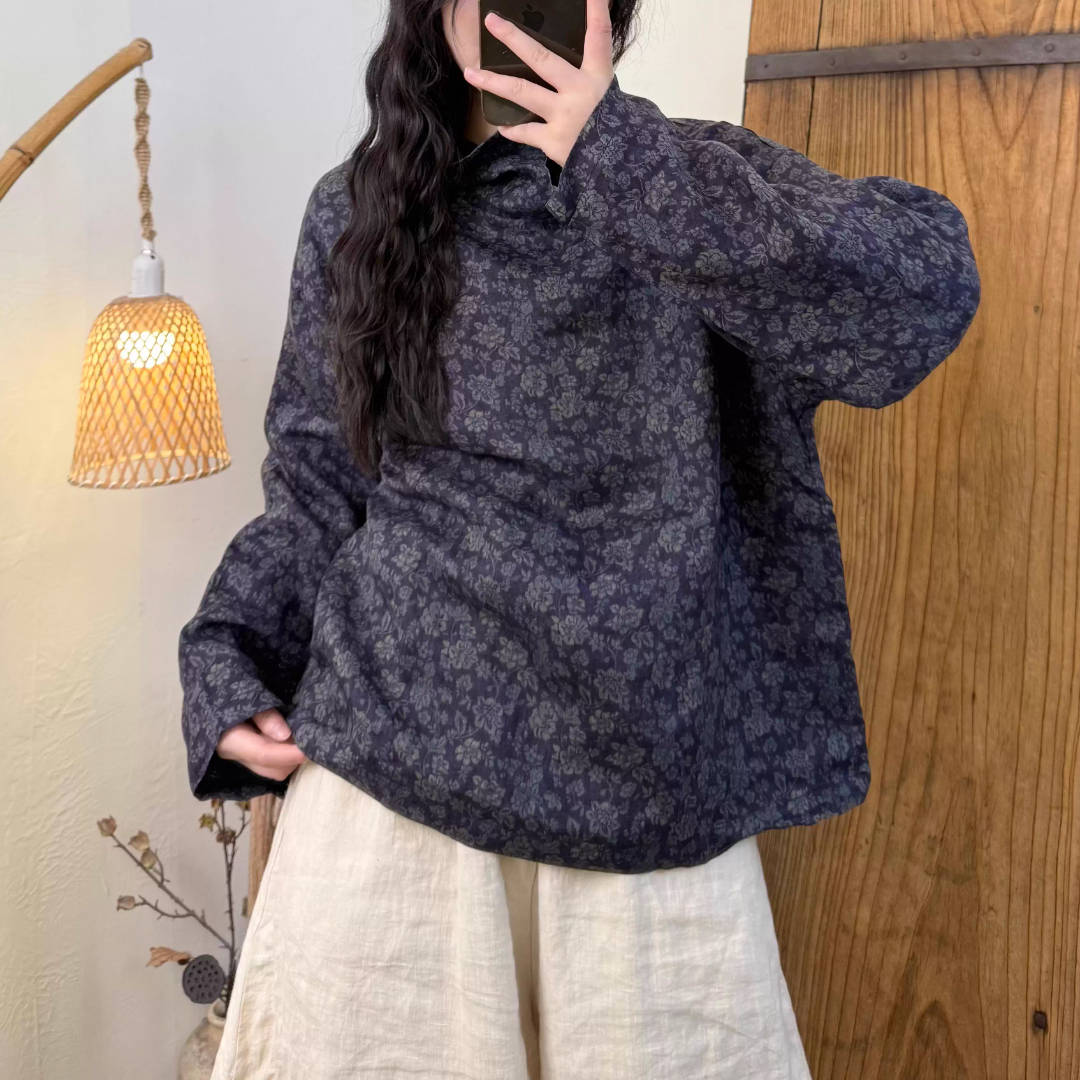 Spring Ramie Retro Casual High Neck Double-Layer Floral Tops
