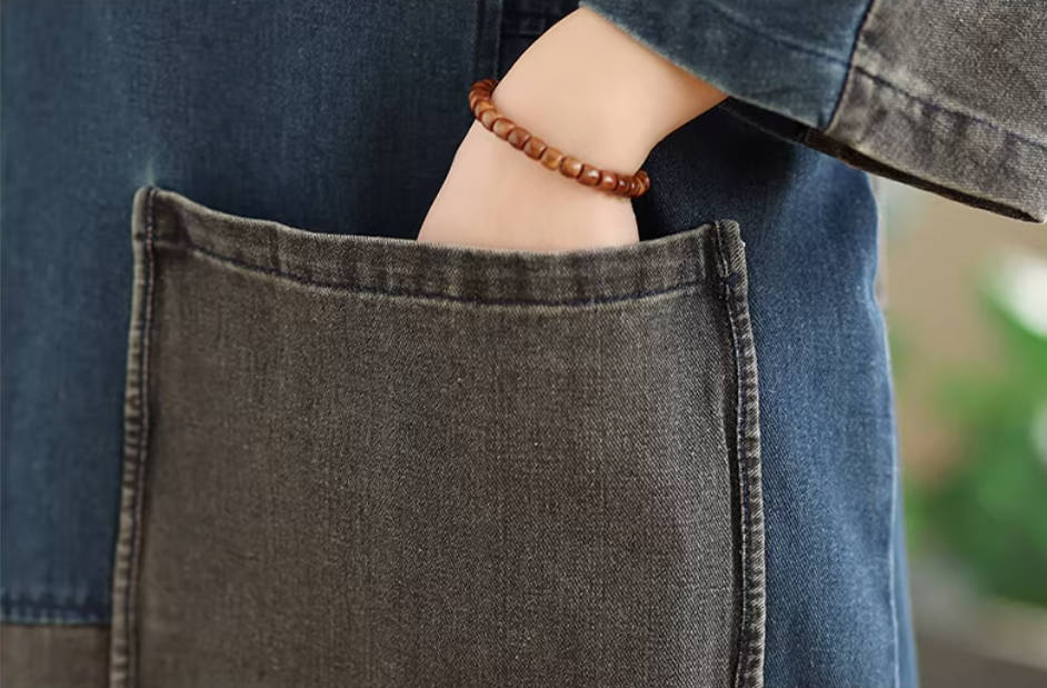 Spring Retro Denim Round Neck Patchwork Pocket Casual Loose Dress