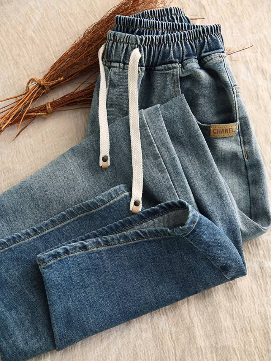 Spring Vintage Denim Classic Elastic Waist Loose Lace-Up Jeans