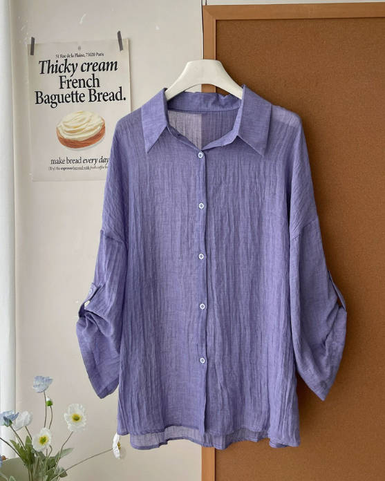 Summer Retro Linen Balloon Sleeve Vacation Style Sun Protection Blouses