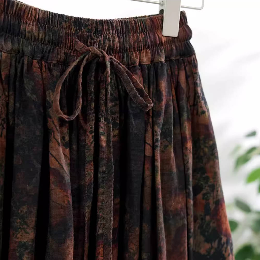 Spring Retro Cotton Linen Printed High Elastic Waist Slim A-Line Skirt