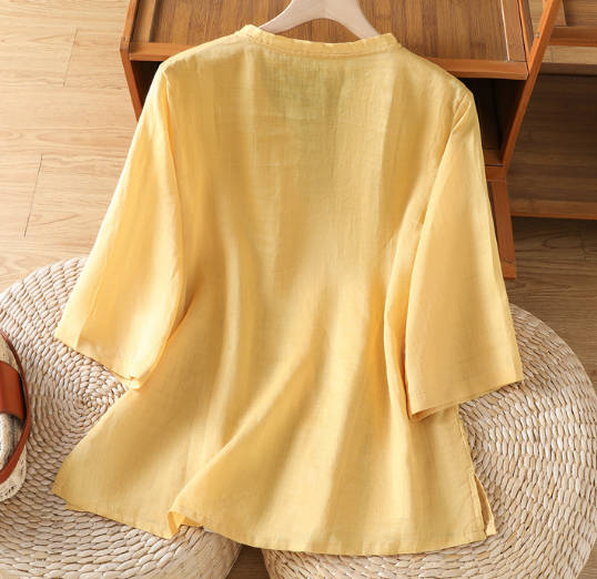 Vintage Embroidered Loose Linen V-Neck Mid Sleeve Top Shirt