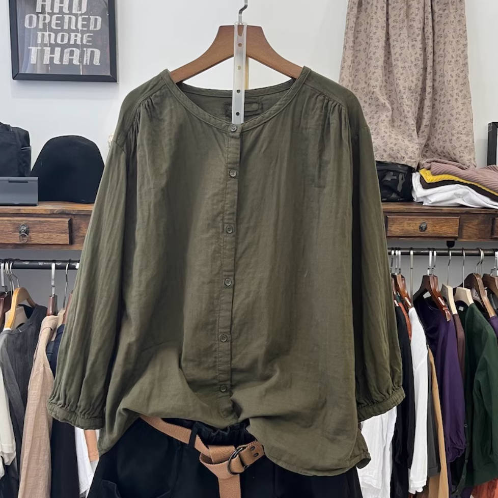 Round Neck Cotton Linen Loose Single-Breasted Shirt