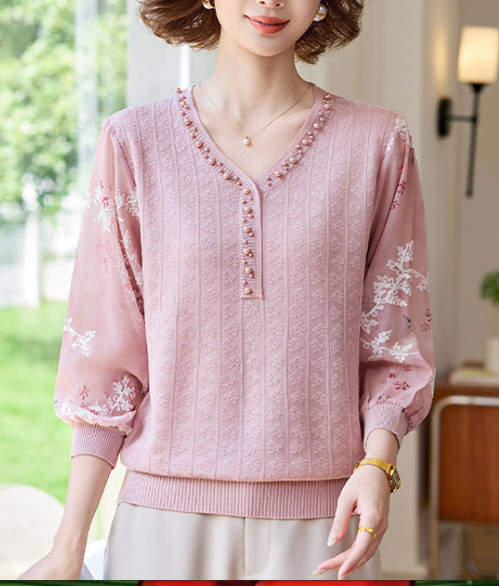 Women Autumn Loose Fit Flower Mesh Sleeves Shirt