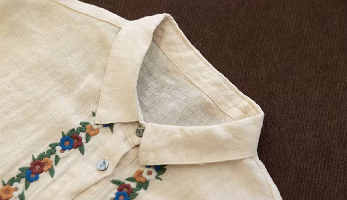 Spring Retro Linen Embroidered Thin Breathable Lapel Slim Shirt