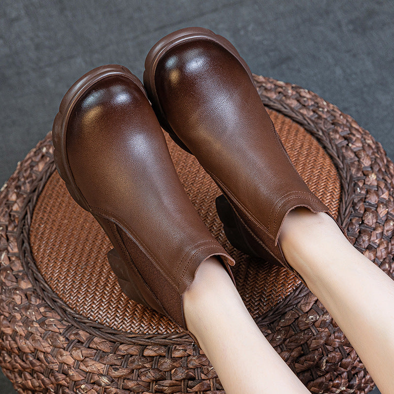 Trendy Genuine Leather Round Toe Elastic Slip-On Ankle Boots