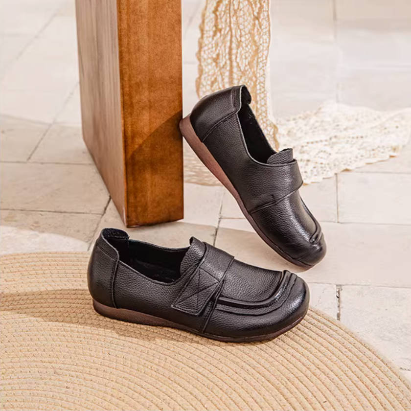 Spring Leather Round Toe Soft Flat Sole Velcro Working Everyday Shoes