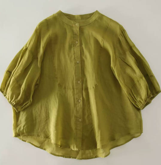 Spring Ramie Solid Color Short Sleeve Loose Fit Stand Collar Shirt