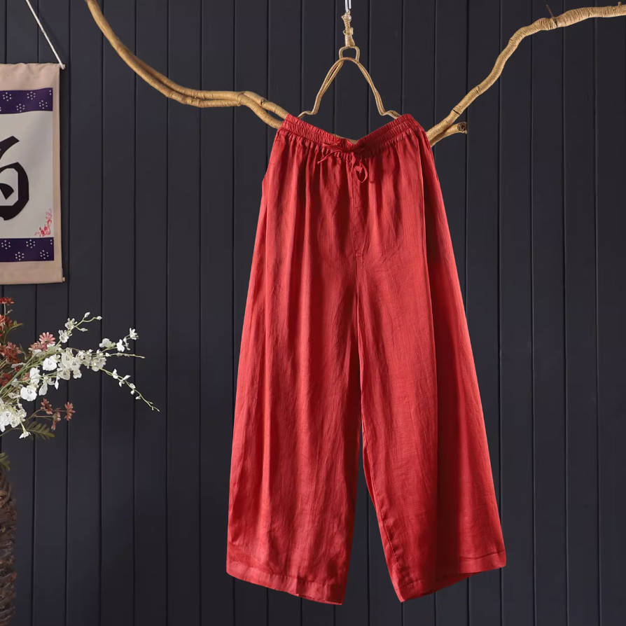 Summer Retro Ramie Think Breathable Elastic Waist Pocket Pants