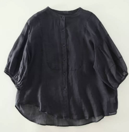 Spring Ramie Solid Color Short Sleeve Loose Fit Stand Collar Shirt