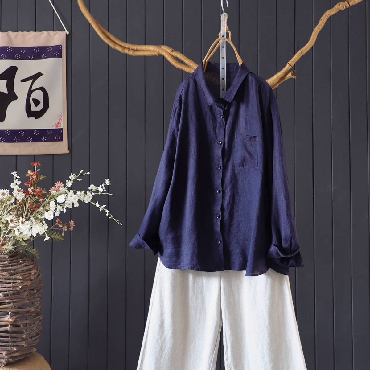 Autumn Linen Casual Singel-Breasted Loose Shirt With Pocket