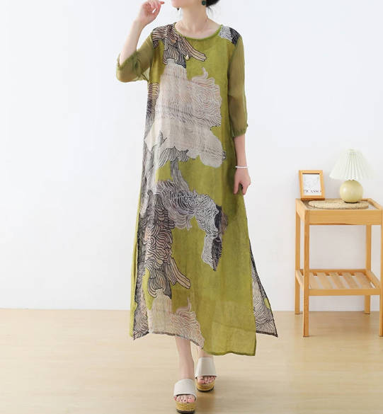 Vintage Elegant Pure Linen Ink Wash Print and Silk Splicing Dress