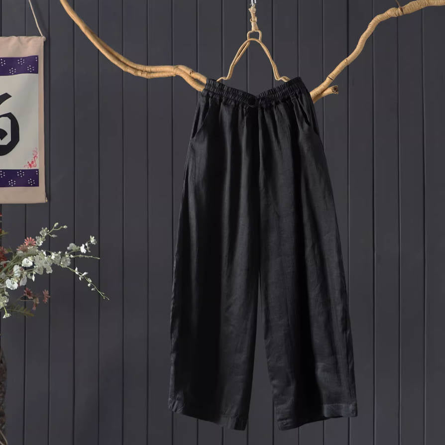 Summer Retro Ramie Think Breathable Elastic Waist Pocket Pants