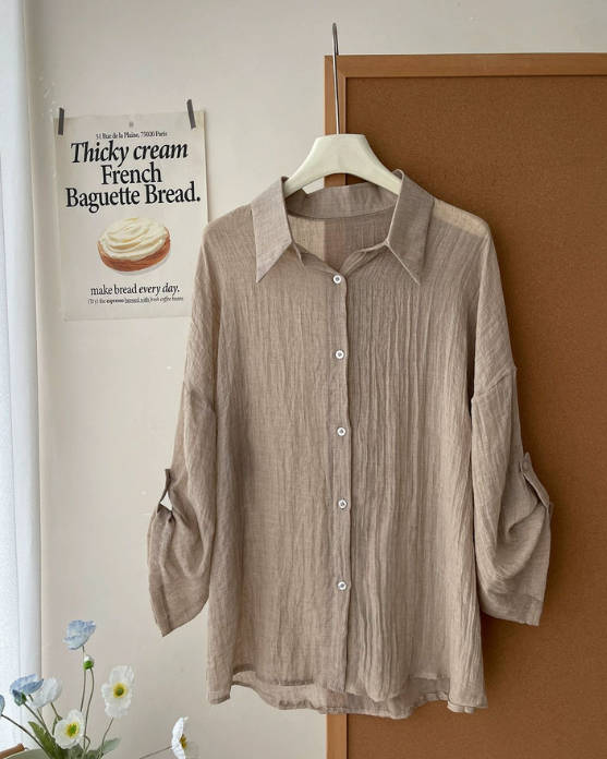 Summer Retro Linen Balloon Sleeve Vacation Style Sun Protection Blouses